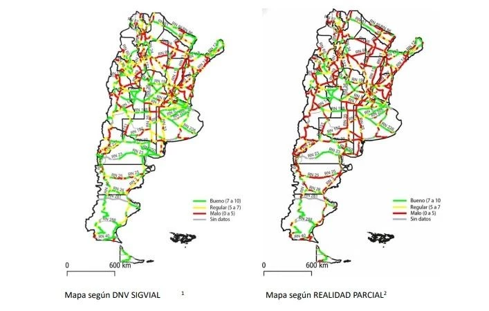 El contraste entre los datos oficiales de la Dirección Nacional de Vialidad (izq.) y los de Fepevina (der.).