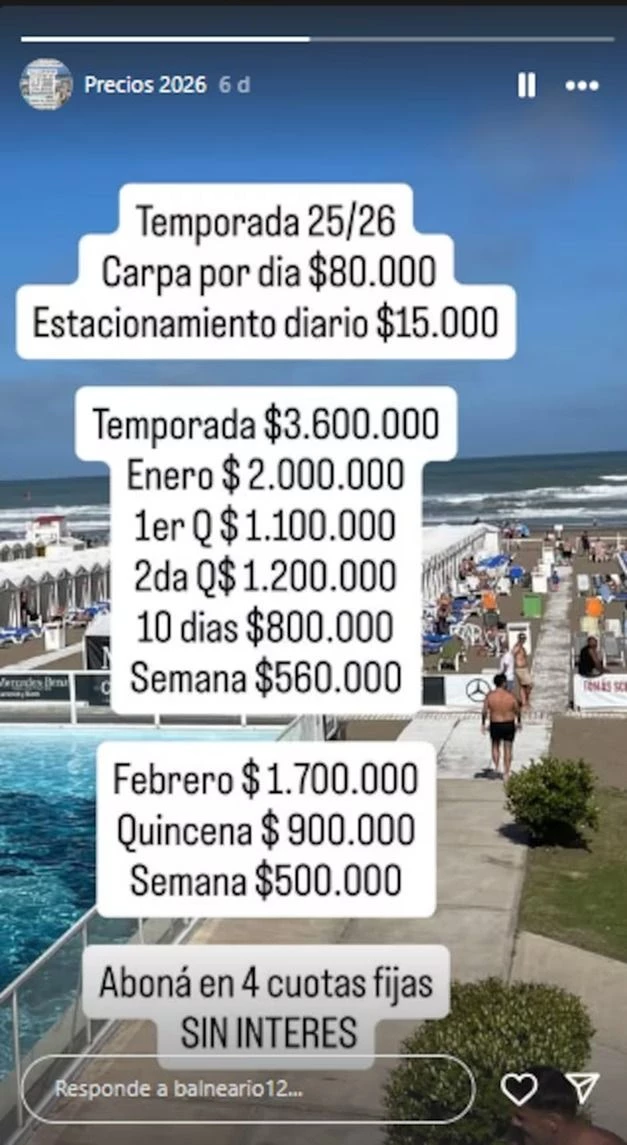 El Balneario 12 de Punta Mogotes publicó sus precios para el verano 2026. Foto: Instagram @balneario12