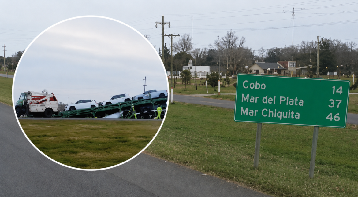 Increíble accidente en ruta 2: chocaron dos camiones y a uno se le cayeron los autos 0km que transportaba
